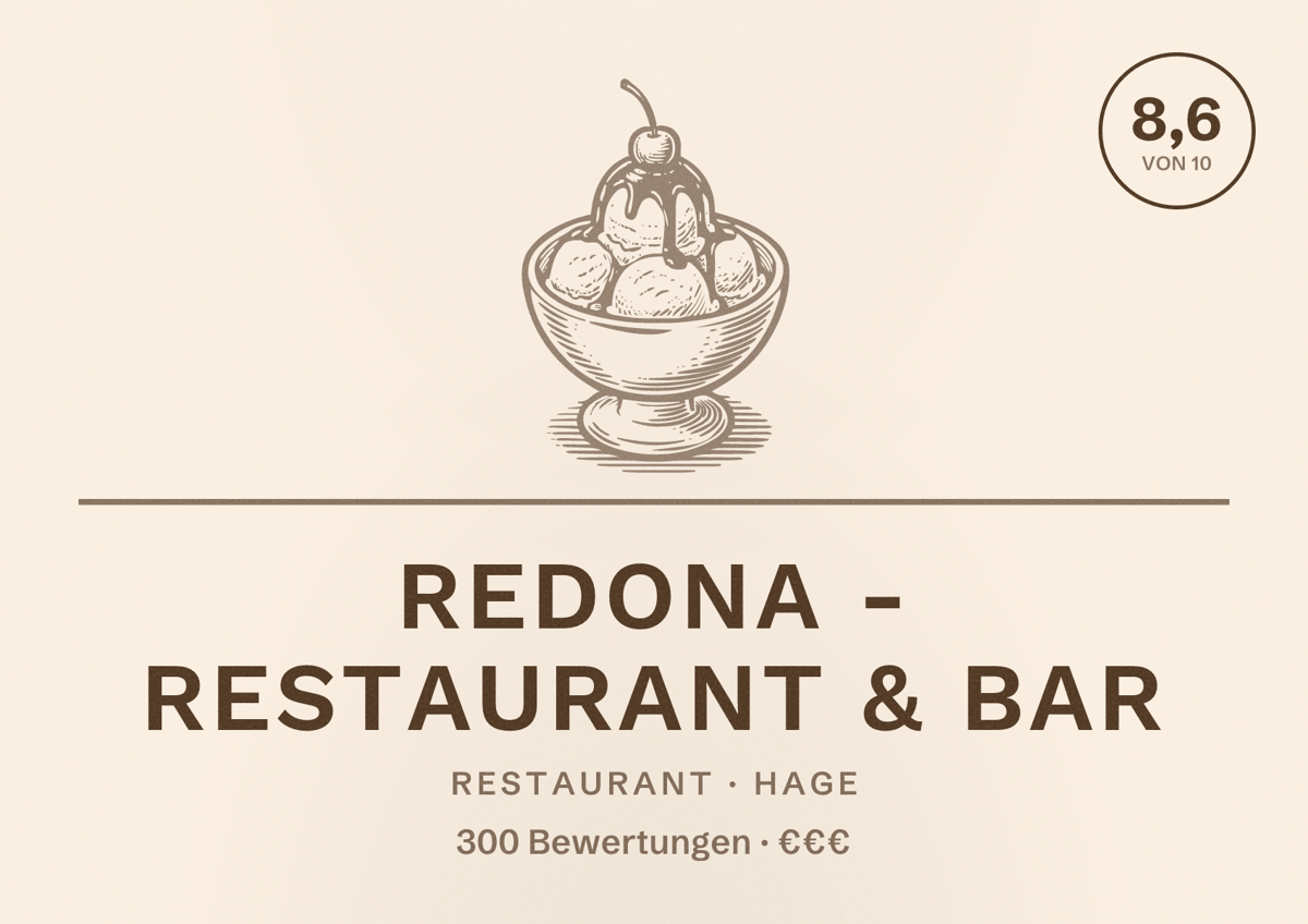 Illustriertes Poster von Redona - Restaurant & Bar, Restaurant in Hage: Bewertung 8,6 von 10 aus 300 Bewertungen, Preisniveau €€€