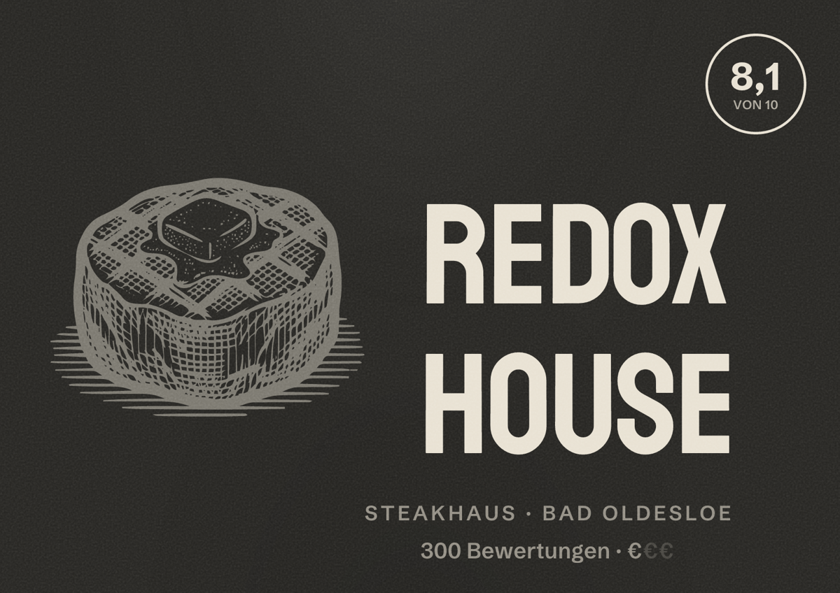 Illustriertes Poster von Redox House, Steakhaus in Bad Oldesloe: Bewertung 8,1 von 10 aus 300 Bewertungen, Preisniveau €