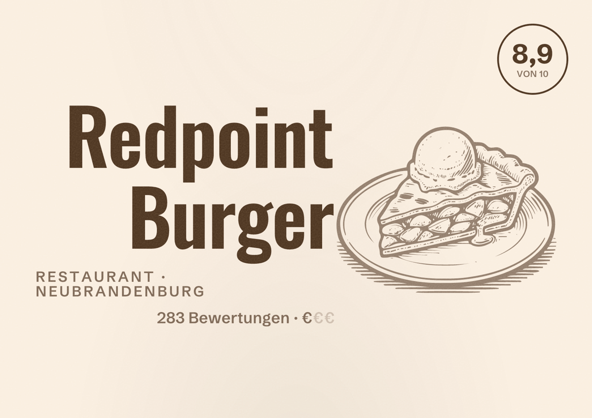 Illustriertes Poster von Redpoint Burger, Restaurant in Neubrandenburg: Bewertung 8,9 von 10 aus 283 Bewertungen, Preisniveau €