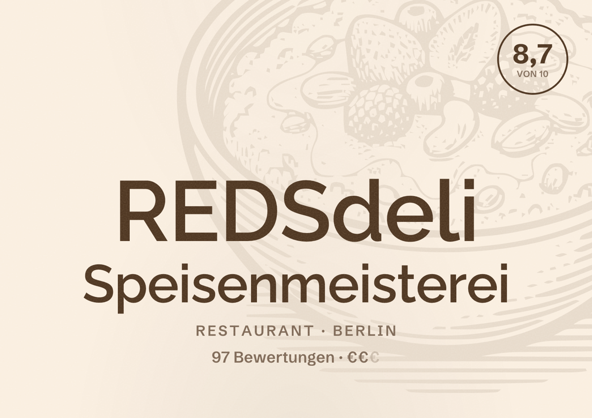 Illustriertes Poster von REDSdeli Speisenmeisterei, Restaurant in Berlin: Bewertung 8,7 von 10 aus 97 Bewertungen, Preisniveau €€