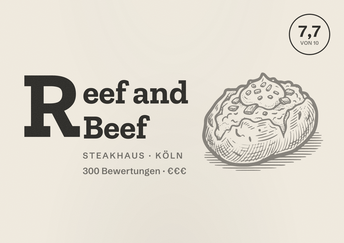 Illustriertes Poster von Reef and Beef, Steakhaus in Köln: Bewertung 7,7 von 10 aus 300 Bewertungen, Preisniveau €€€