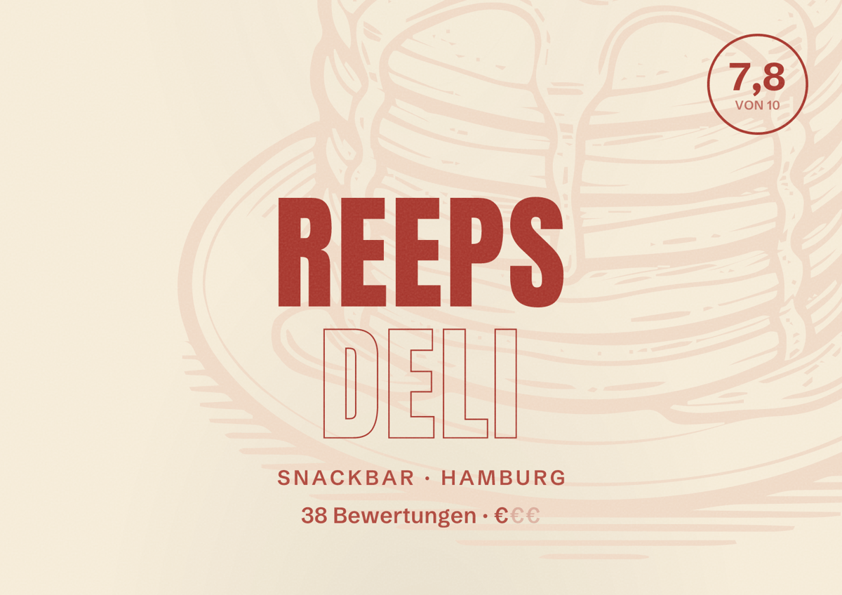 Illustriertes Poster von Reeps Deli, Snackbar in Hamburg: Bewertung 7,8 von 10 aus 38 Bewertungen, Preisniveau €