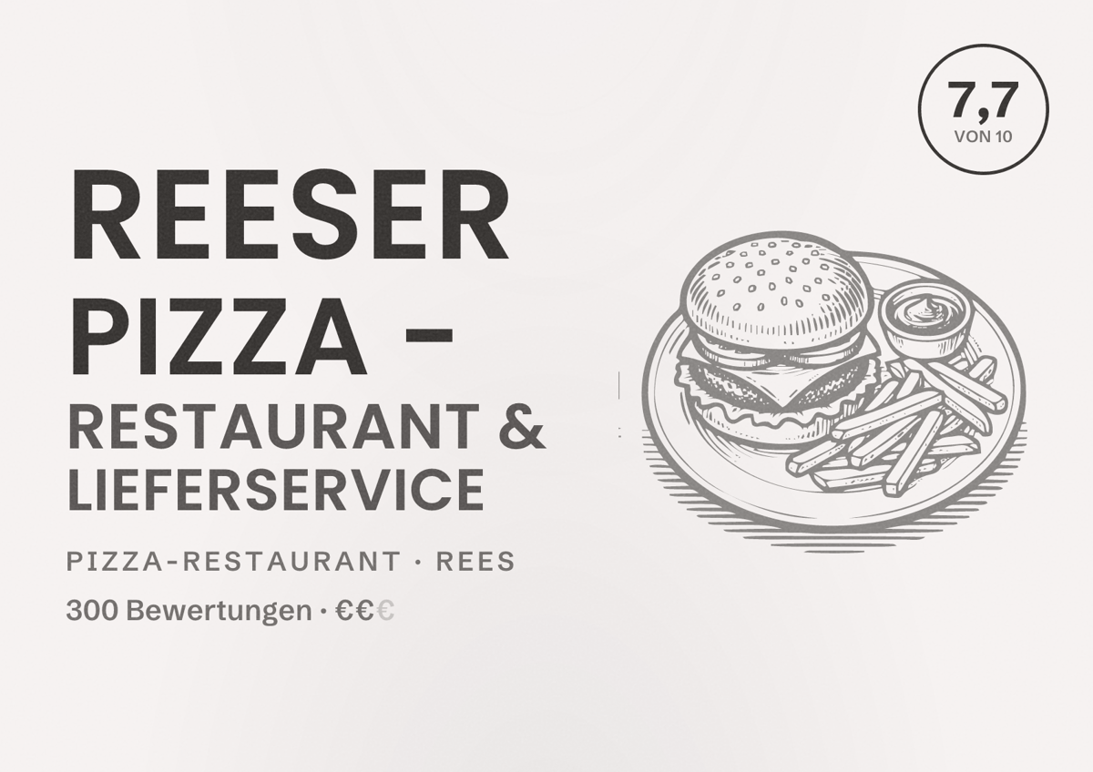 Illustriertes Poster von Reeser Pizza - Restaurant & Lieferservice, Pizza-Restaurant in Rees: Bewertung 7,7 von 10 aus 300 Bewertungen, Preisniveau €€