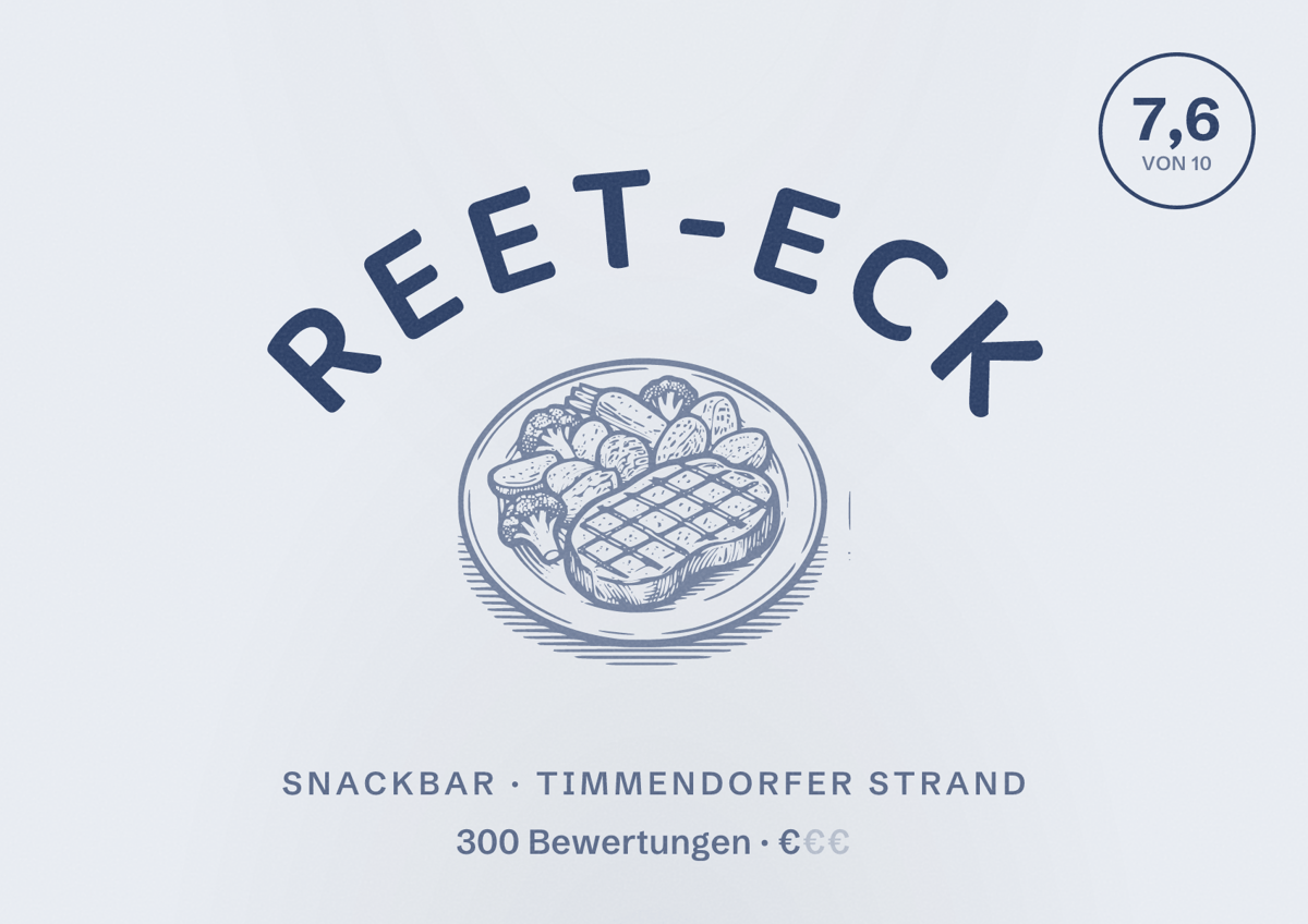 Illustriertes Poster von Reet-Eck, Snackbar in Timmendorfer Strand: Bewertung 7,6 von 10 aus 300 Bewertungen, Preisniveau €