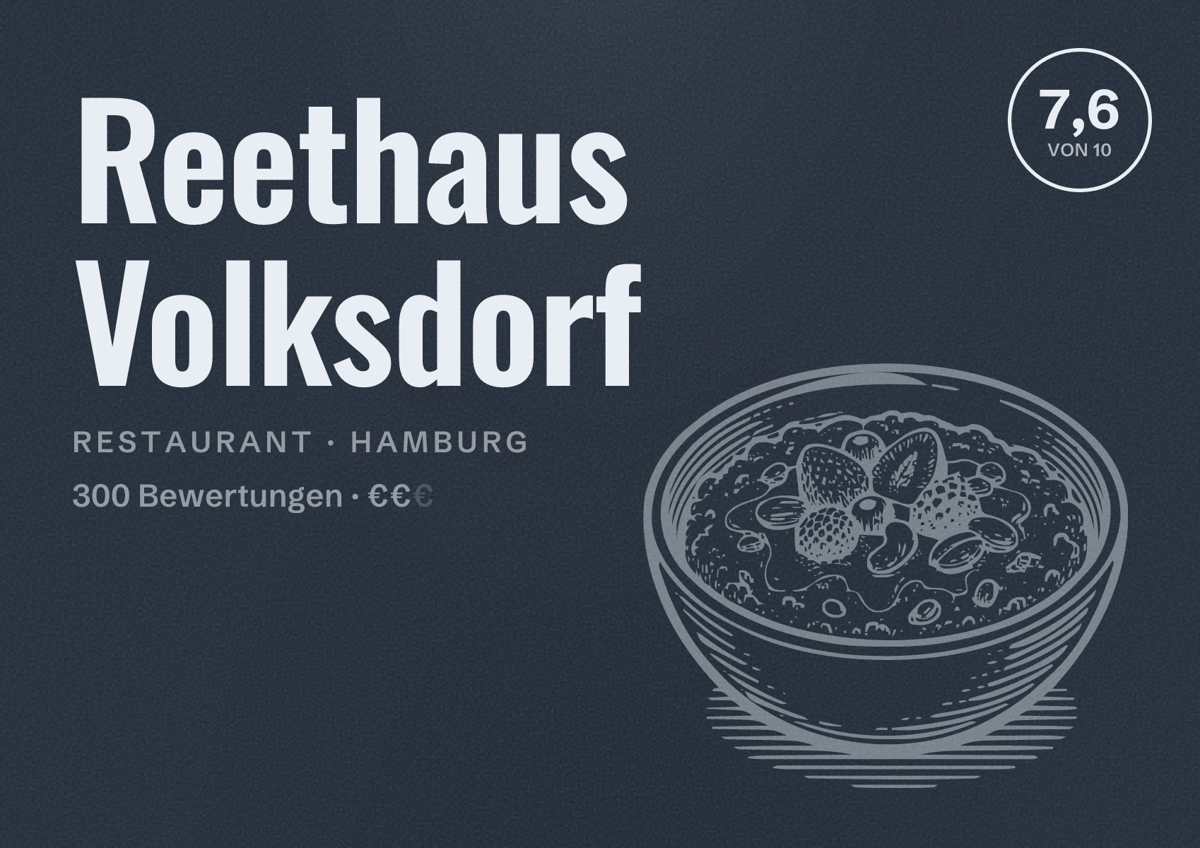 Illustriertes Poster von Reethaus Volksdorf, Restaurant in Hamburg: Bewertung 7,6 von 10 aus 300 Bewertungen, Preisniveau €€