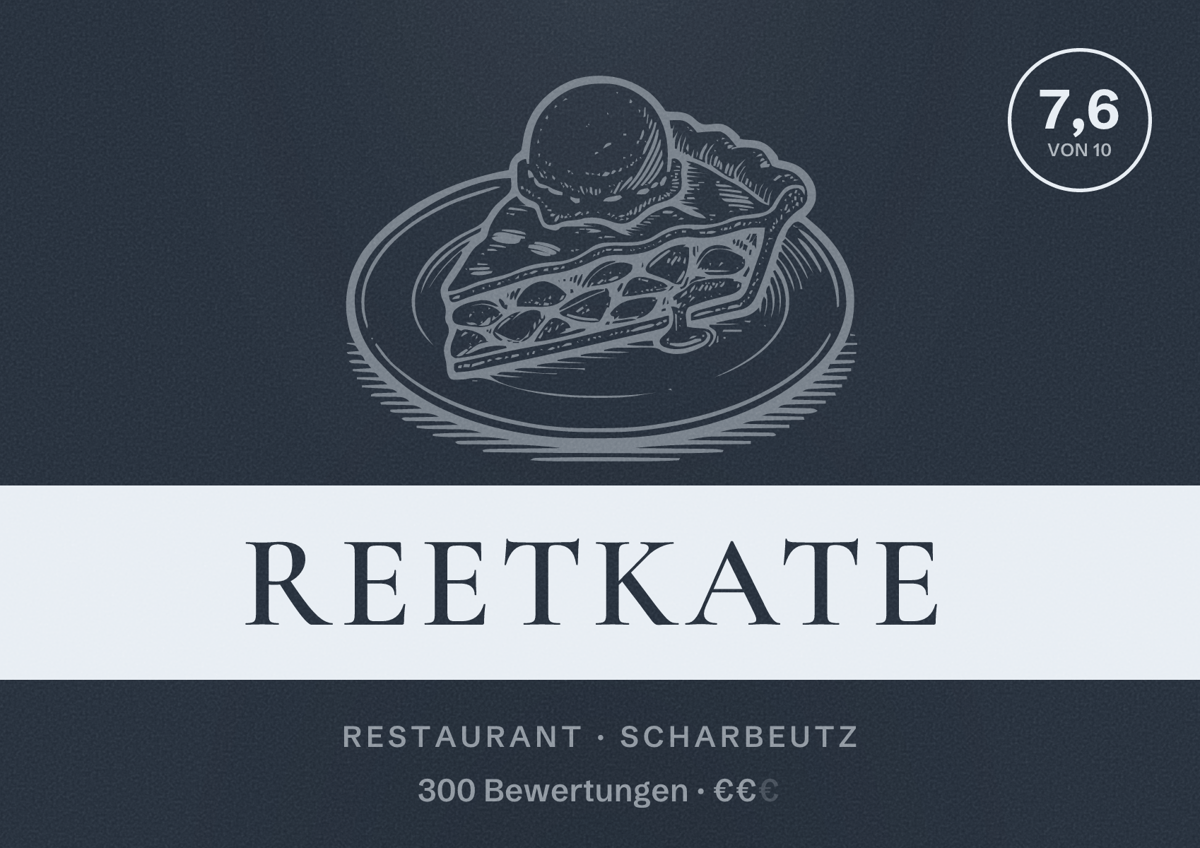 Illustriertes Poster von Reetkate, Restaurant in Scharbeutz: Bewertung 7,6 von 10 aus 300 Bewertungen, Preisniveau €€