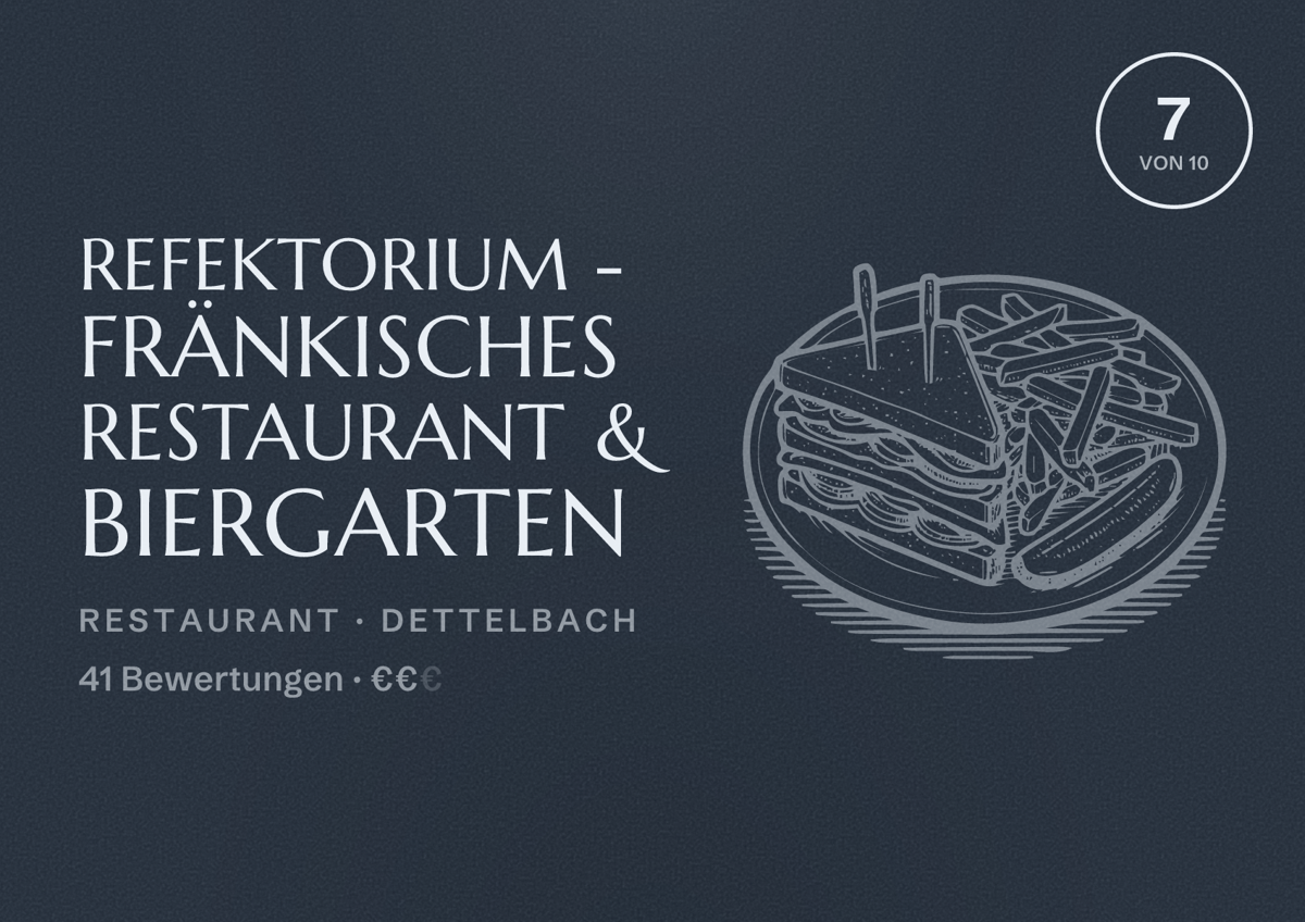 Illustriertes Poster von Refektorium - Fränkisches Restaurant & Biergarten, Restaurant in Dettelbach: Bewertung 7 von 10 aus 41 Bewertungen, Preisniveau €€