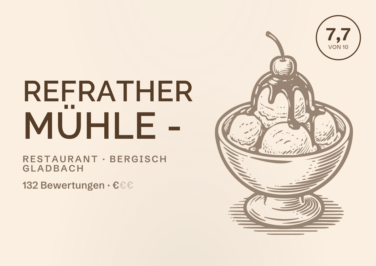 Illustriertes Poster von Refrather Mühle -, Restaurant in Bergisch Gladbach: Bewertung 7,7 von 10 aus 132 Bewertungen, Preisniveau €