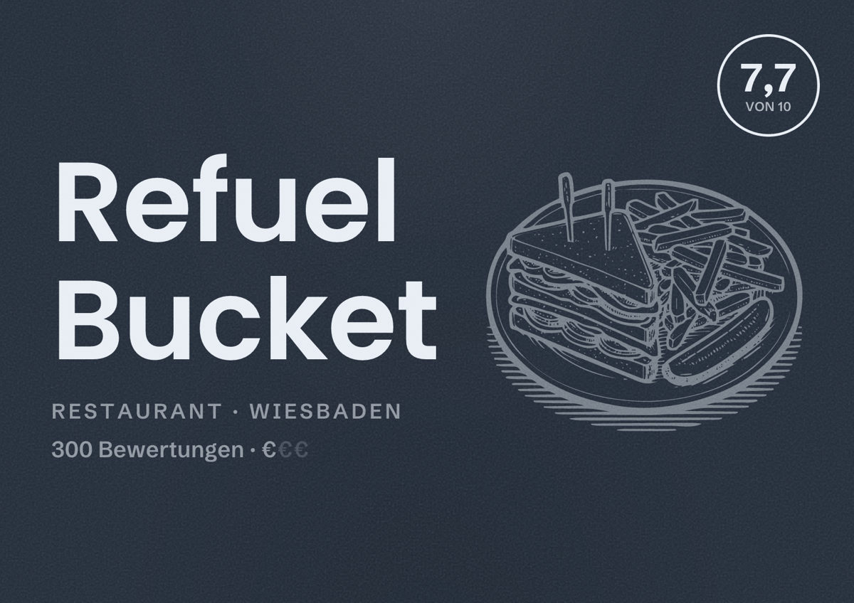 Illustriertes Poster von Refuel Bucket, Restaurant in Wiesbaden: Bewertung 7,7 von 10 aus 300 Bewertungen, Preisniveau €