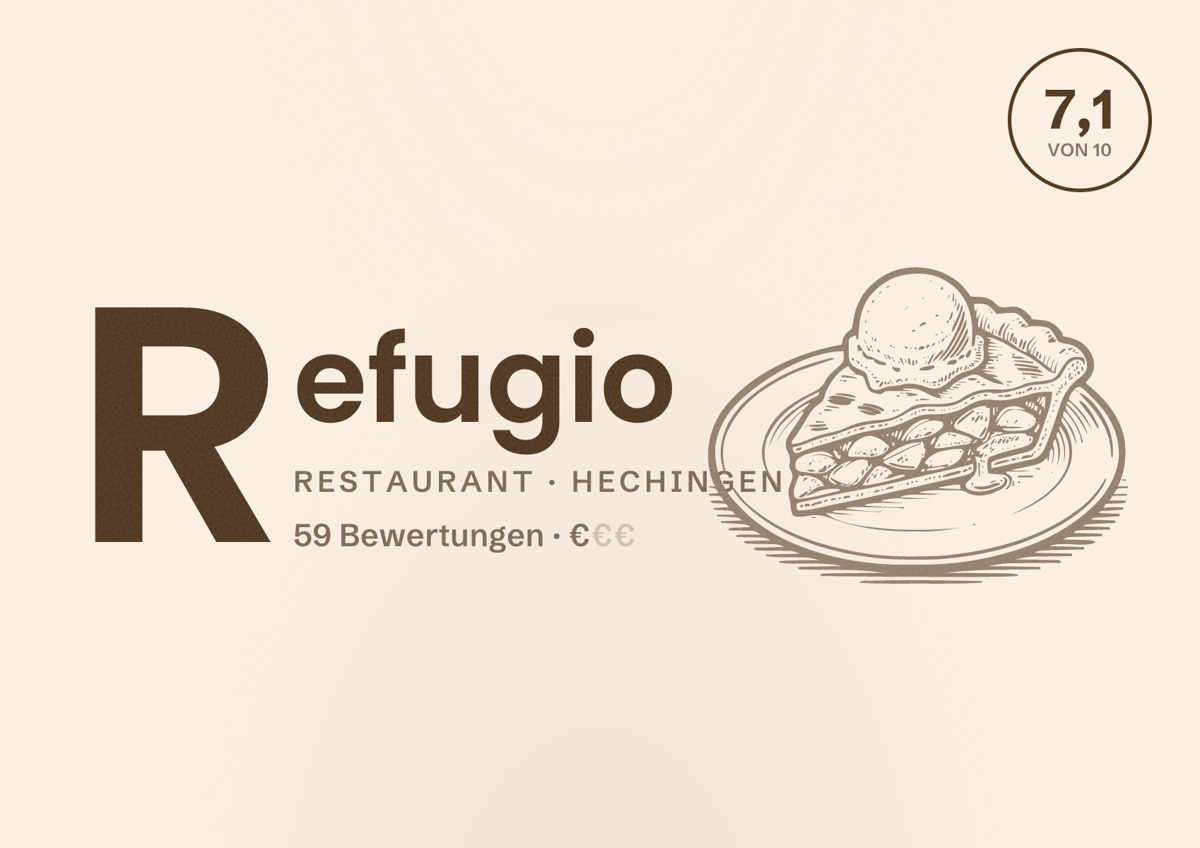 Illustriertes Poster von Refugio, Restaurant in Hechingen: Bewertung 7,1 von 10 aus 59 Bewertungen, Preisniveau €