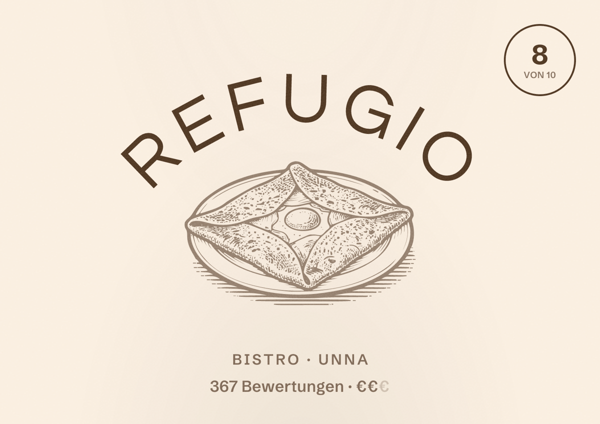 Illustriertes Poster von Refugio, Bistro in Unna: Bewertung 8 von 10 aus 367 Bewertungen, Preisniveau €€