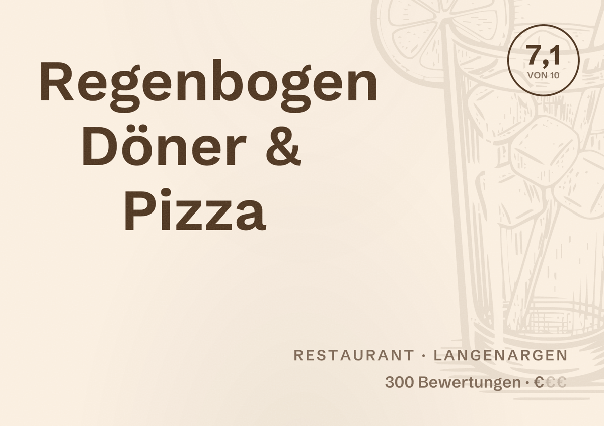 Illustriertes Poster von Regenbogen Döner & Pizza, Restaurant in Langenargen: Bewertung 7,1 von 10 aus 300 Bewertungen, Preisniveau €
