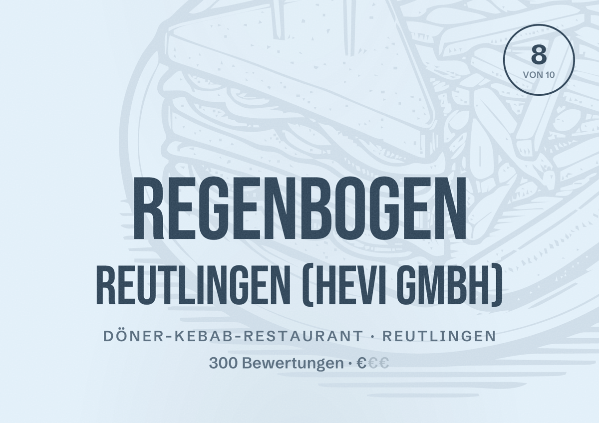 Illustriertes Poster von Regenbogen Reutlingen (Hevi GmbH), Döner-Kebab-Restaurant in Reutlingen: Bewertung 8 von 10 aus 300 Bewertungen, Preisniveau €