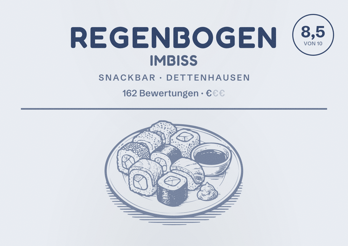 Illustriertes Poster von Regenbogen Imbiss, Snackbar in Dettenhausen: Bewertung 8,5 von 10 aus 162 Bewertungen, Preisniveau €