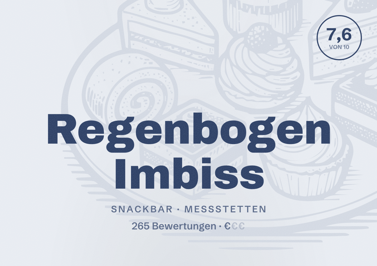 Illustriertes Poster von Regenbogen Imbiss, Snackbar in Meßstetten: Bewertung 7,6 von 10 aus 265 Bewertungen, Preisniveau €