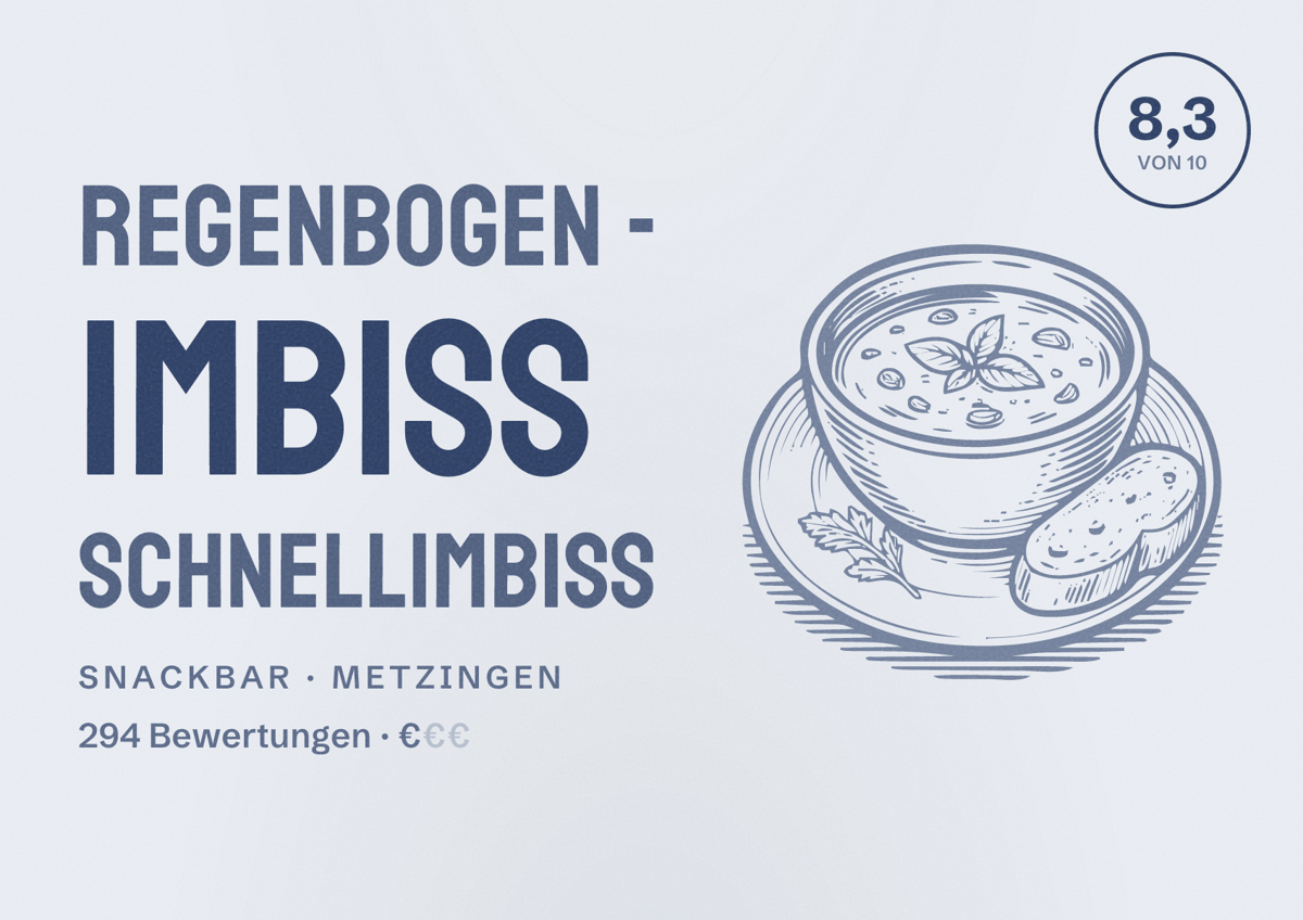 Illustriertes Poster von Regenbogen - Imbiss Schnellimbiss, Snackbar in Metzingen: Bewertung 8,3 von 10 aus 294 Bewertungen, Preisniveau €