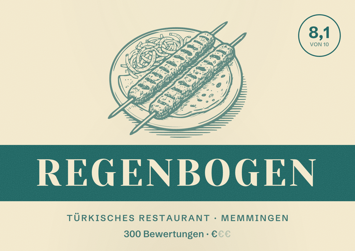 Illustriertes Poster von Regenbogen, Türkisches Restaurant in Memmingen: Bewertung 8,1 von 10 aus 300 Bewertungen, Preisniveau €