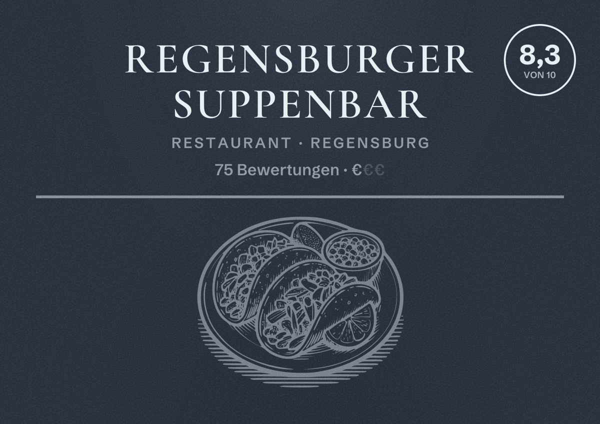 Illustriertes Poster von Regensburger Suppenbar, Restaurant in Regensburg: Bewertung 8,3 von 10 aus 75 Bewertungen, Preisniveau €