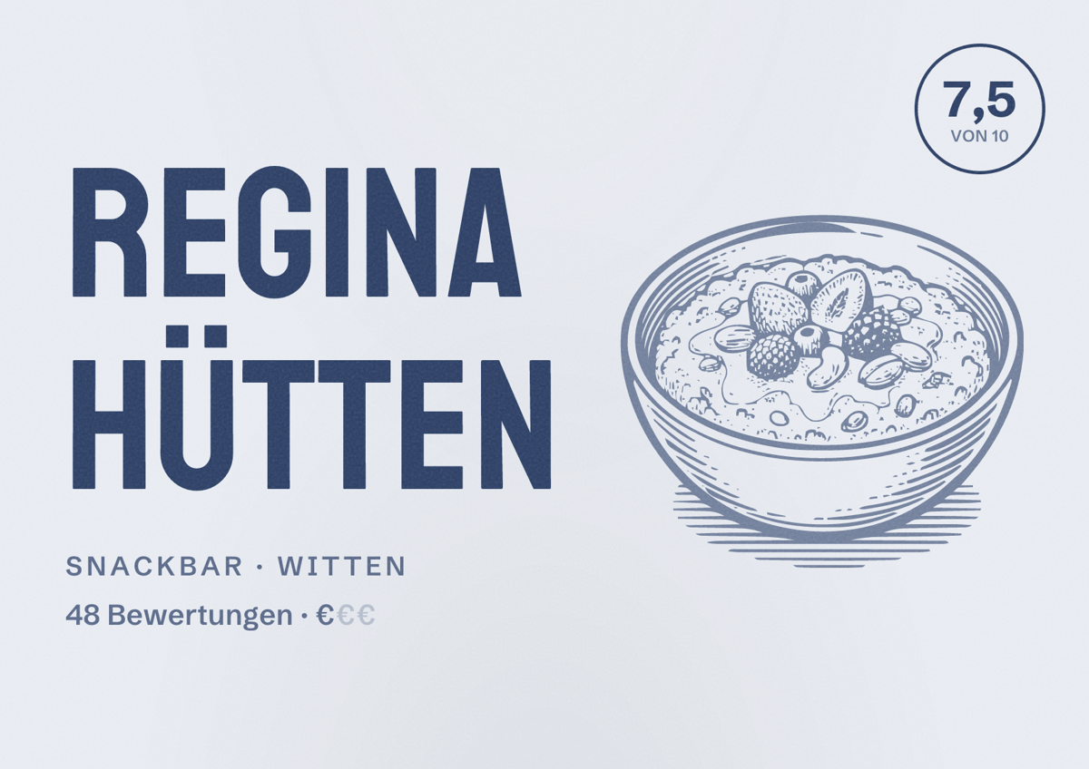 Illustriertes Poster von Regina Hütten, Snackbar in Witten: Bewertung 7,5 von 10 aus 48 Bewertungen, Preisniveau €