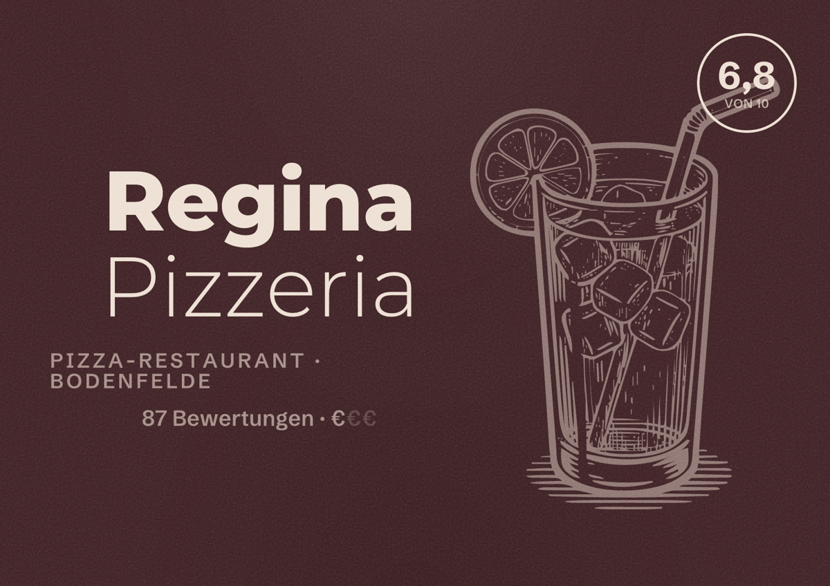 Illustriertes Poster von Regina Pizzeria, Pizza-Restaurant in Bodenfelde: Bewertung 6,8 von 10 aus 87 Bewertungen, Preisniveau €