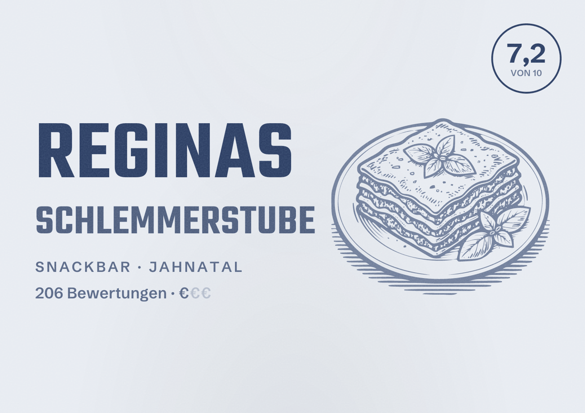 Illustriertes Poster von Reginas Schlemmerstube, Snackbar in Jahnatal: Bewertung 7,2 von 10 aus 206 Bewertungen, Preisniveau €