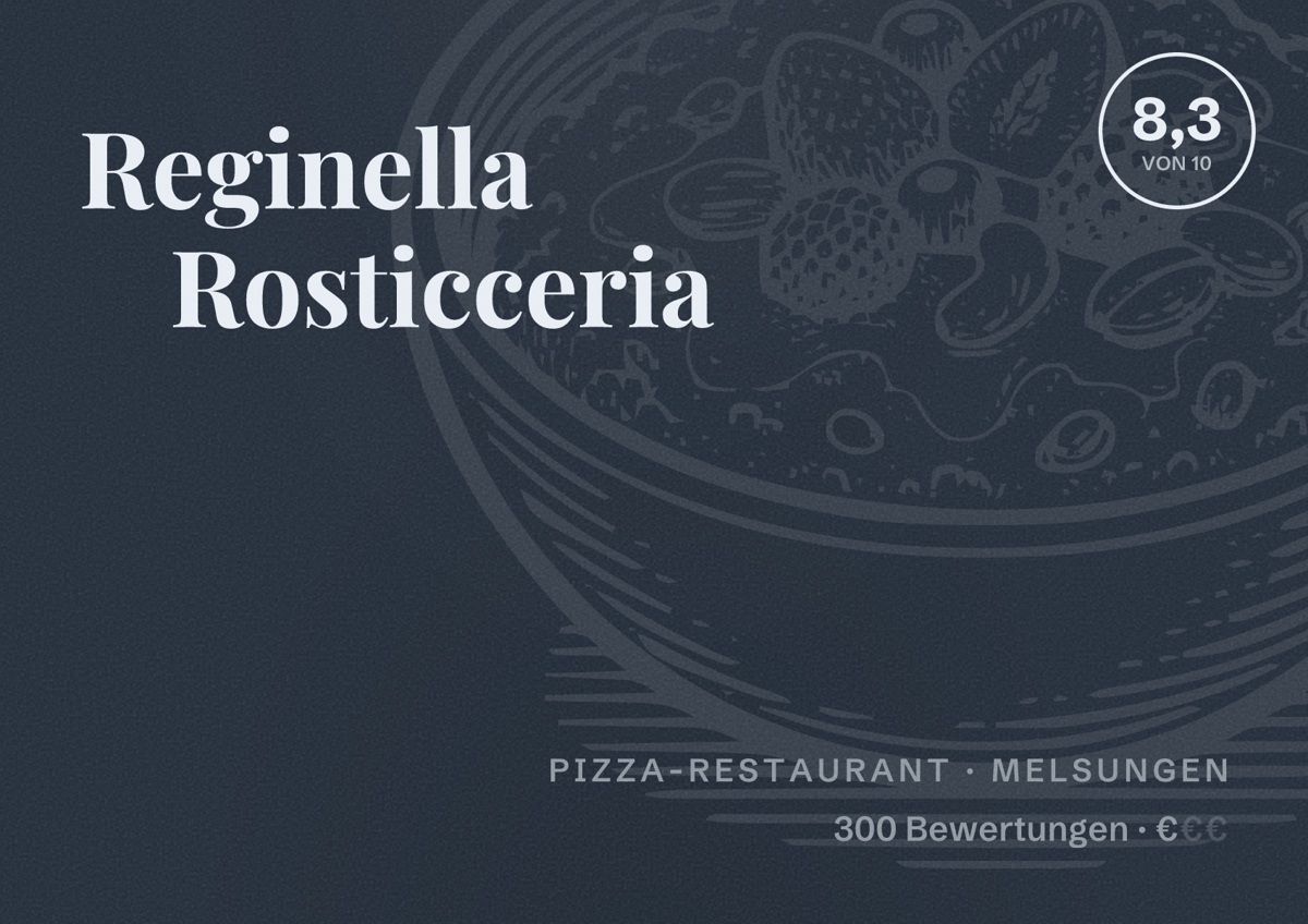 Illustriertes Poster von Reginella Rosticceria, Pizza-Restaurant in Melsungen: Bewertung 8,3 von 10 aus 300 Bewertungen, Preisniveau €