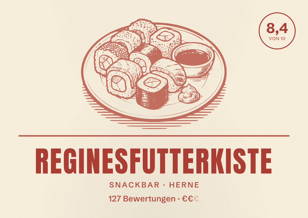 Illustriertes Poster von ReginesFutterkiste, Snackbar in Herne: Bewertung 8,4 von 10 aus 127 Bewertungen, Preisniveau €€