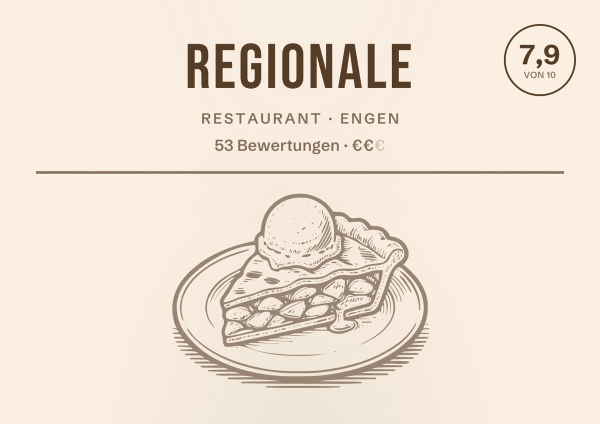 Illustriertes Poster von Regionale, Restaurant in Engen: Bewertung 7,9 von 10 aus 53 Bewertungen, Preisniveau €€