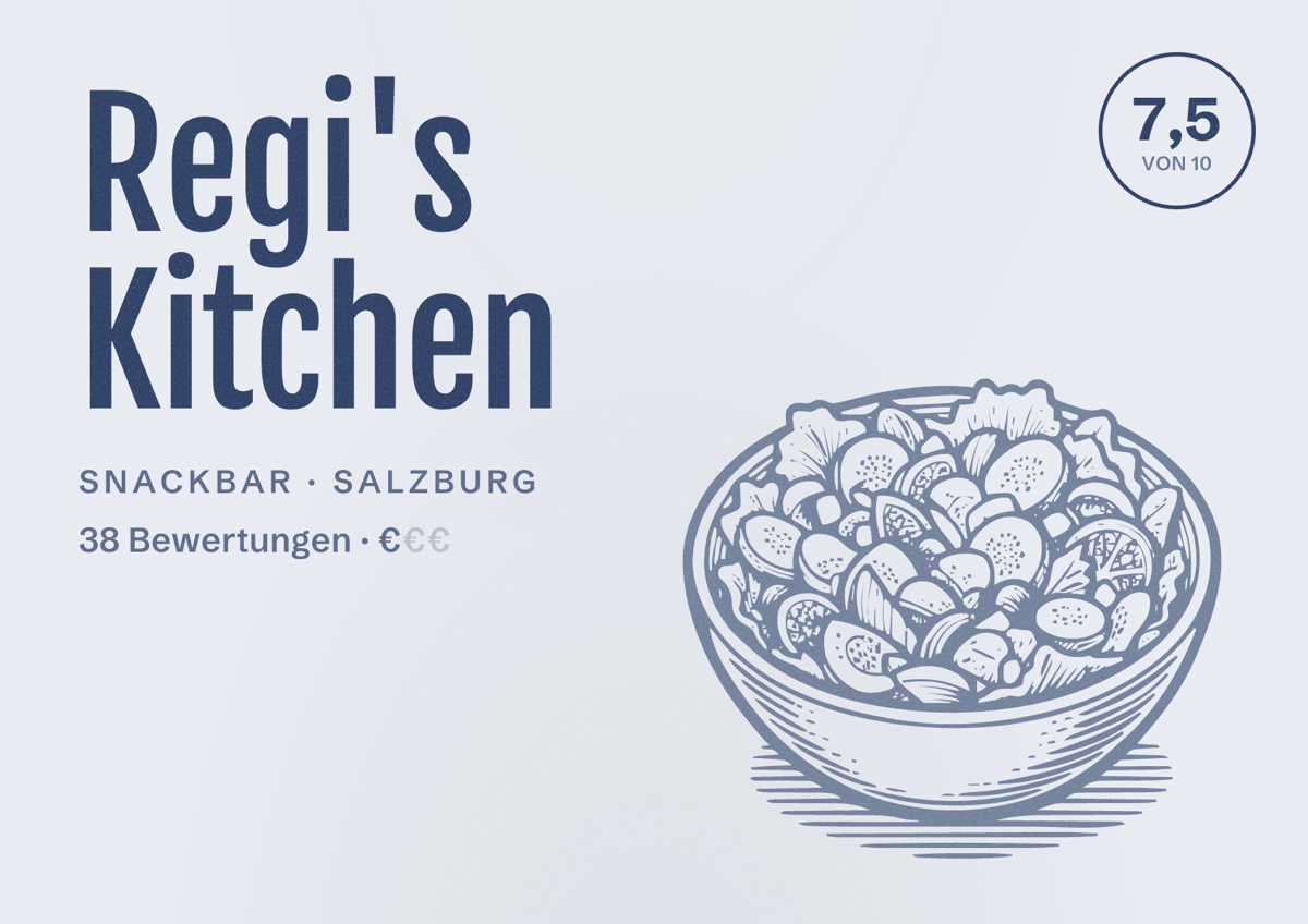 Illustriertes Poster von Regi's Kitchen, Snackbar in Salzburg: Bewertung 7,5 von 10 aus 38 Bewertungen, Preisniveau €