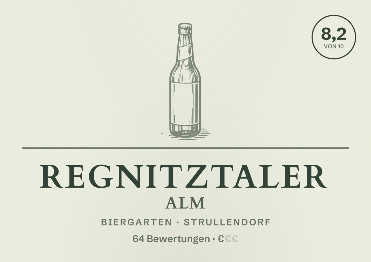 Illustriertes Poster von Regnitztaler Alm, Biergarten in Strullendorf: Bewertung 8,2 von 10 aus 64 Bewertungen, Preisniveau €