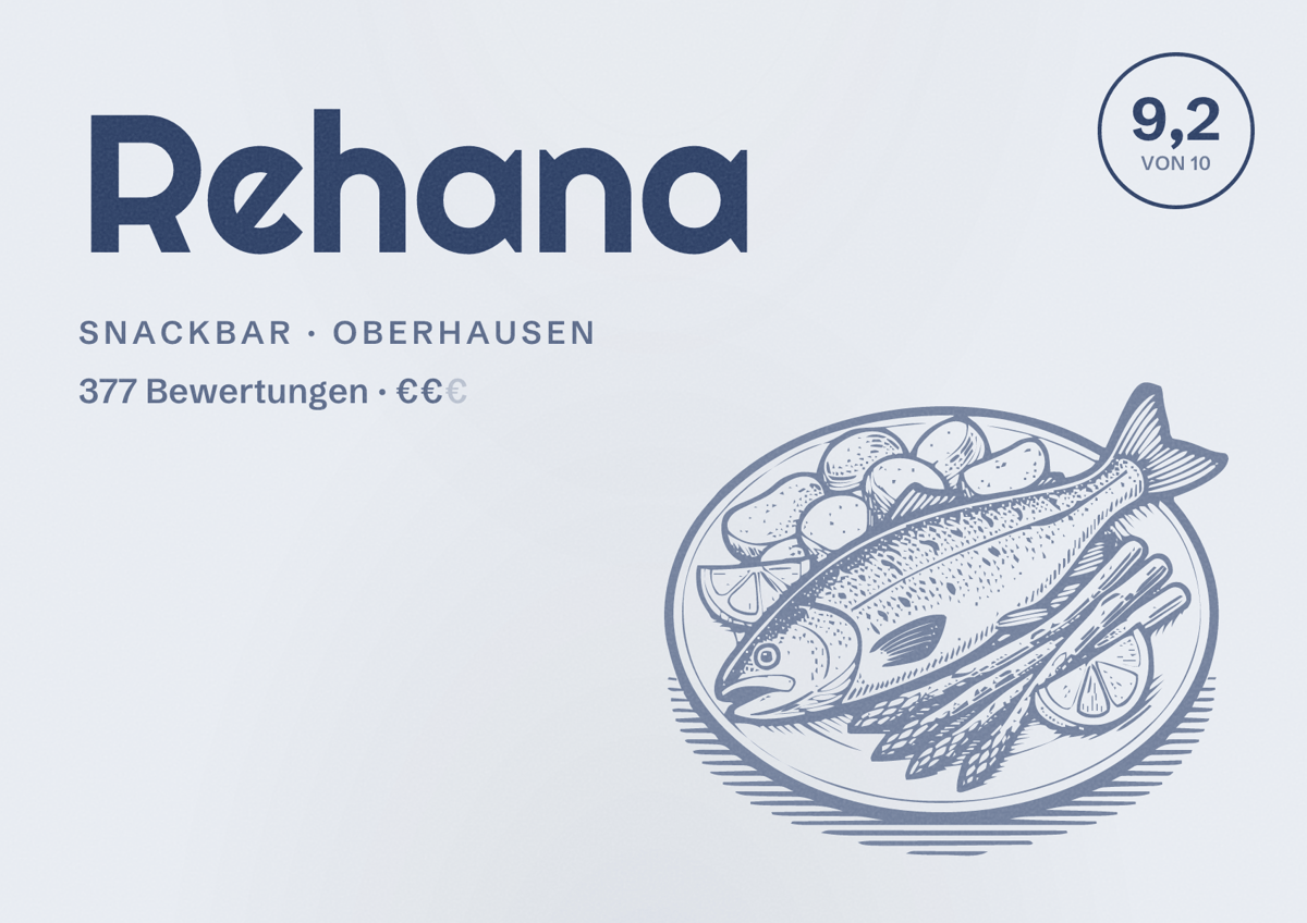 Illustriertes Poster von Rehana, Snackbar in Oberhausen: Bewertung 9,2 von 10 aus 377 Bewertungen, Preisniveau €€