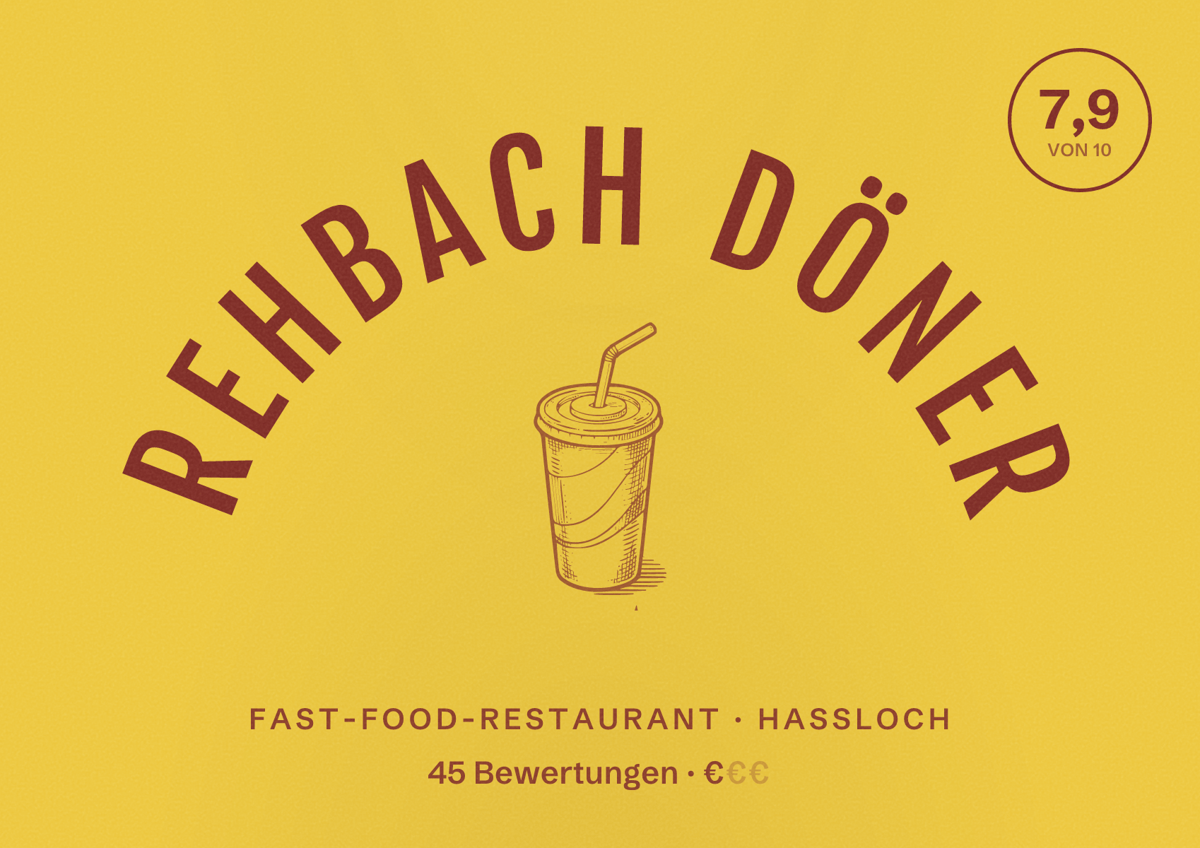 Illustriertes Poster von Rehbach Döner, Fast-Food-Restaurant in Haßloch: Bewertung 7,9 von 10 aus 45 Bewertungen, Preisniveau €