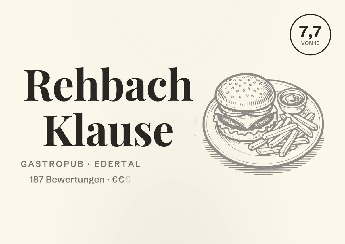 Illustriertes Poster von Rehbach Klause, Gastropub in Edertal: Bewertung 7,7 von 10 aus 187 Bewertungen, Preisniveau €€