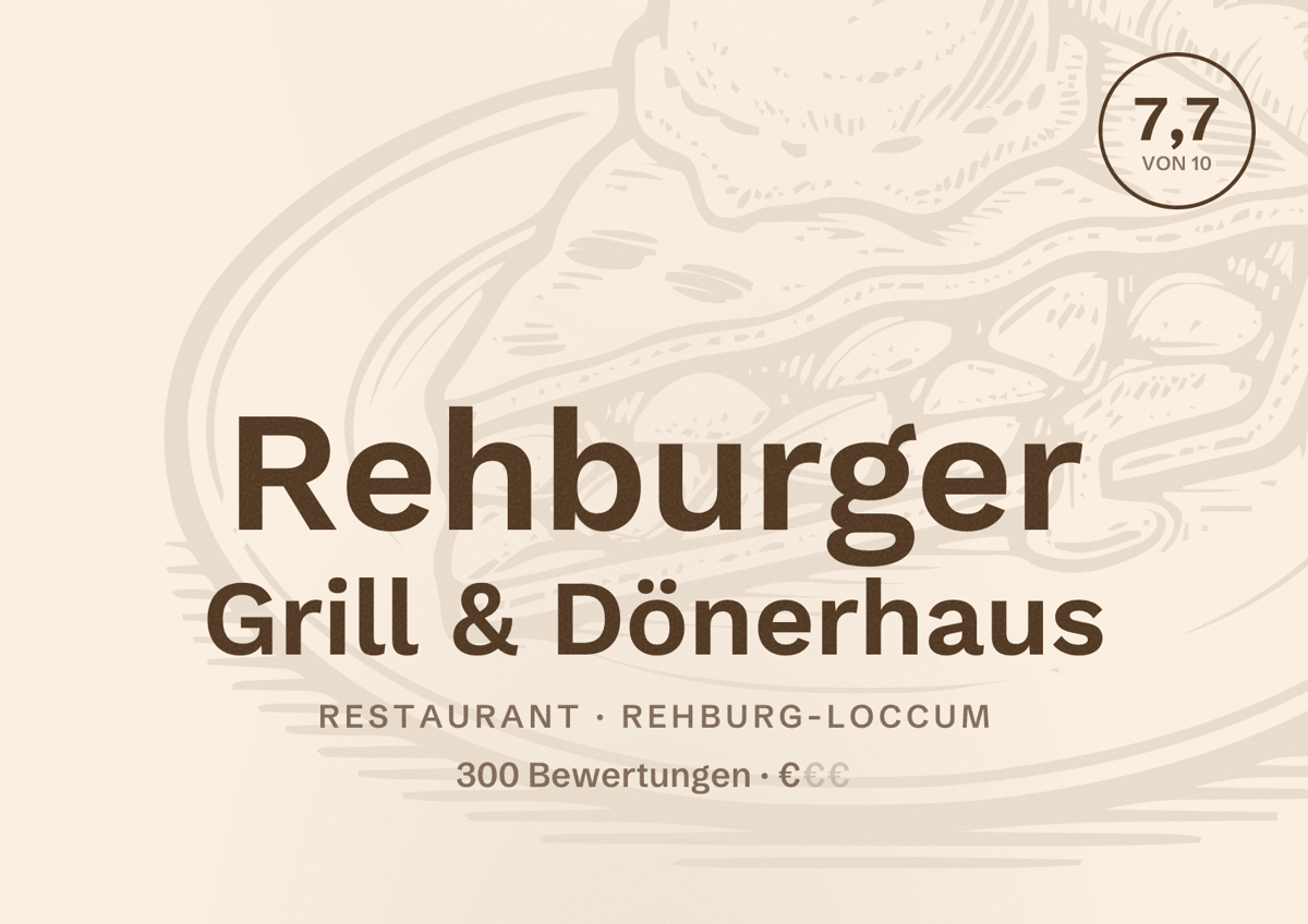 Illustriertes Poster von Rehburger Grill & Dönerhaus, Restaurant in Rehburg-Loccum: Bewertung 7,7 von 10 aus 300 Bewertungen, Preisniveau €