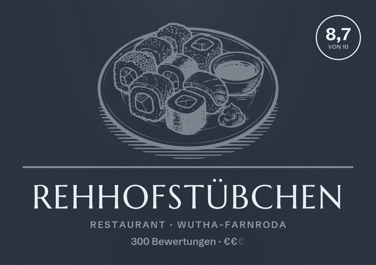 Illustriertes Poster von Rehhofstübchen, Restaurant in Wutha-Farnroda: Bewertung 8,7 von 10 aus 300 Bewertungen, Preisniveau €€