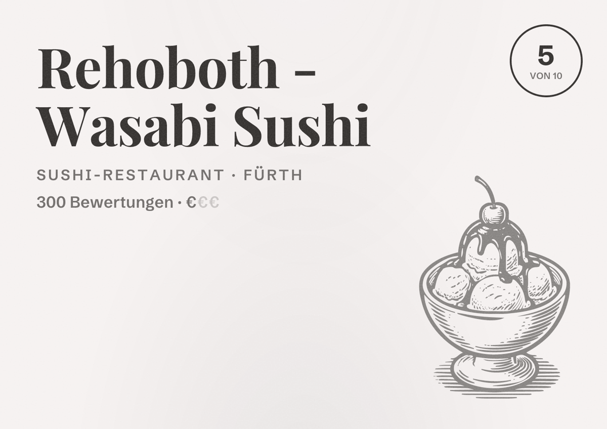 Illustriertes Poster von Rehoboth - Wasabi Sushi, Sushi-Restaurant in Fürth: Bewertung 5 von 10 aus 300 Bewertungen, Preisniveau €