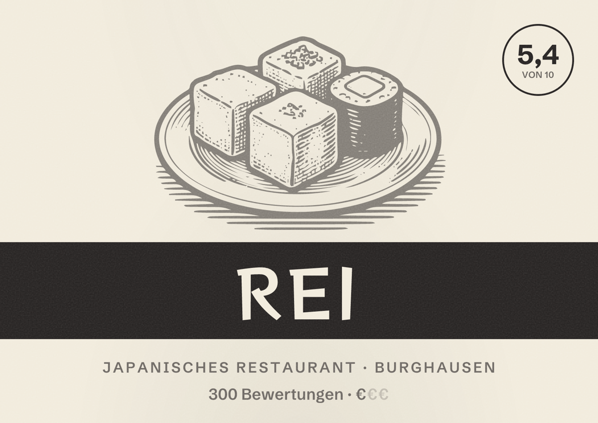 Illustriertes Poster von Rei, Japanisches Restaurant in Burghausen: Bewertung 5,4 von 10 aus 300 Bewertungen, Preisniveau €