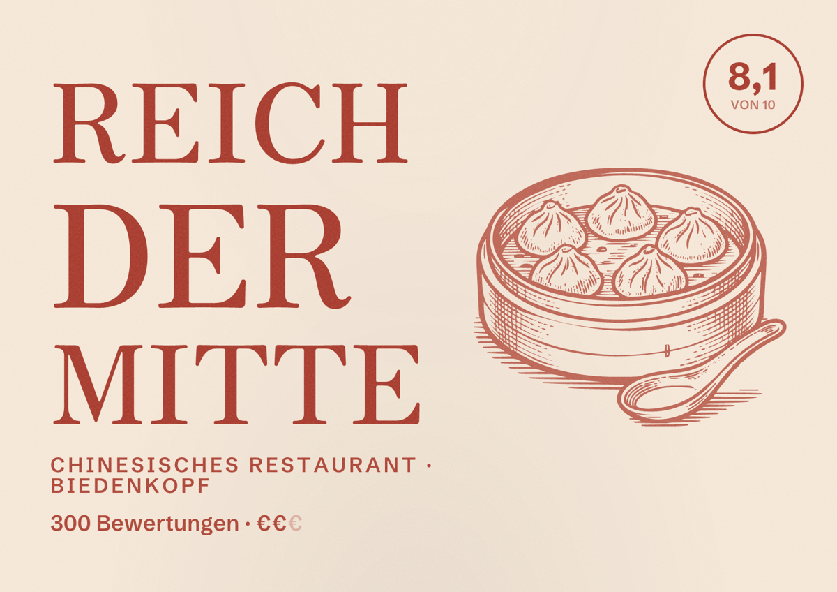 Illustriertes Poster von Reich der Mitte, Chinesisches Restaurant in Biedenkopf: Bewertung 8,1 von 10 aus 300 Bewertungen, Preisniveau €€