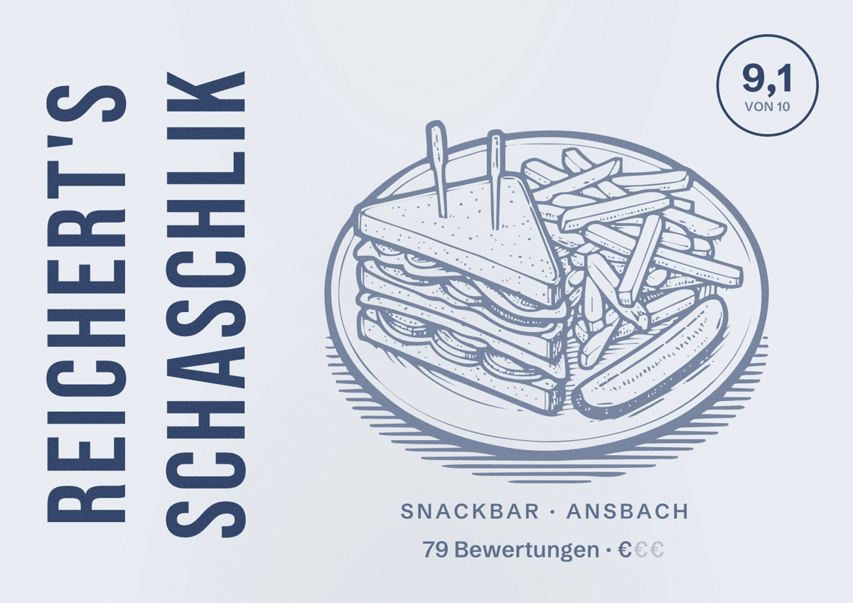 Illustriertes Poster von Reichert's Schaschlik, Snackbar in Ansbach: Bewertung 9,1 von 10 aus 79 Bewertungen, Preisniveau €