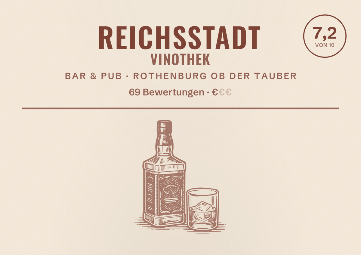 Illustriertes Poster von Reichsstadt Vinothek, Bar & Pub in Rothenburg ob der Tauber: Bewertung 7,2 von 10 aus 69 Bewertungen, Preisniveau €