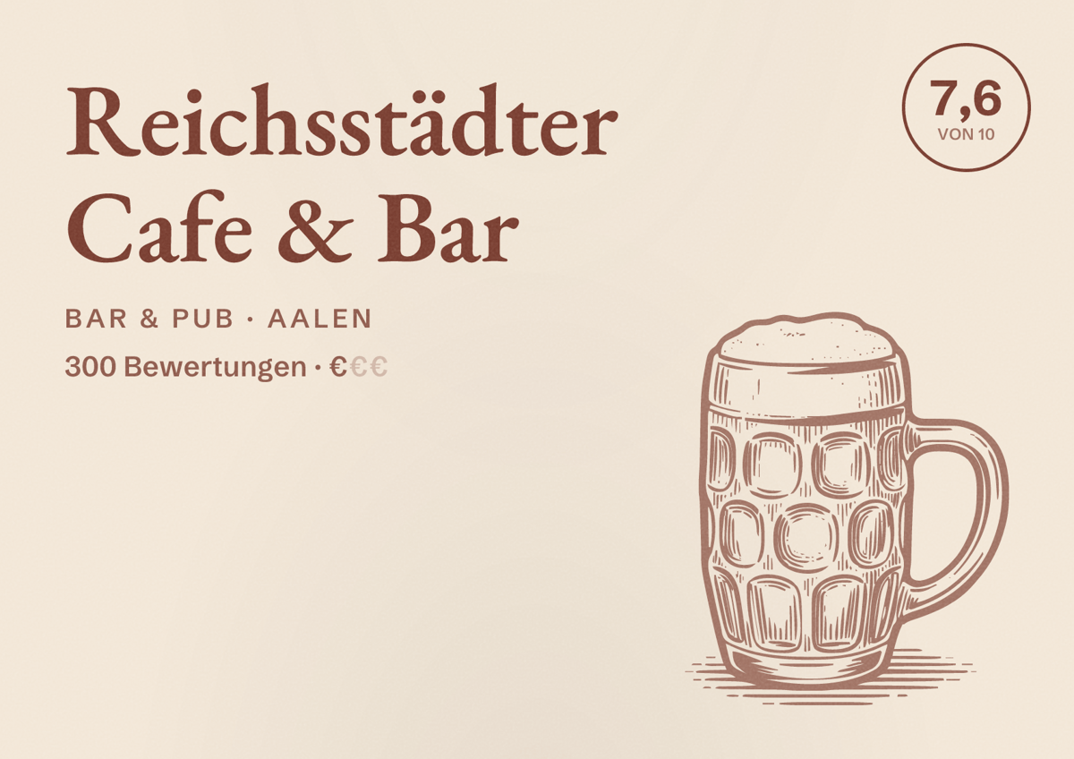 Illustriertes Poster von Reichsstädter Cafe & Bar, Bar & Pub in Aalen: Bewertung 7,6 von 10 aus 300 Bewertungen, Preisniveau €