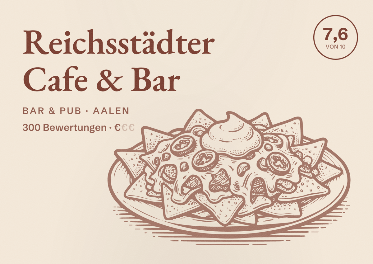 Illustriertes Poster von Reichsstädter Cafe & Bar, Bar & Pub in Aalen: Bewertung 7,6 von 10 aus 300 Bewertungen, Preisniveau €