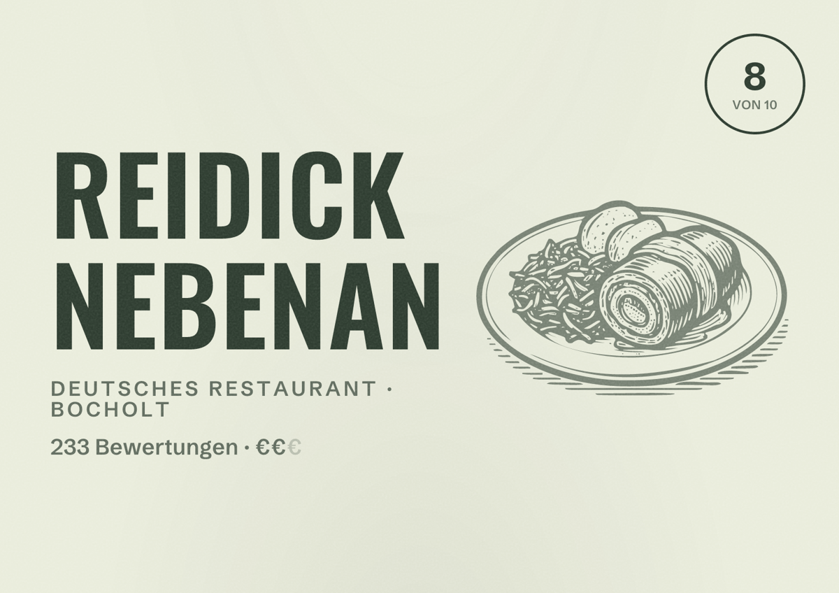 Illustriertes Poster von Reidick nebenan, Deutsches Restaurant in Bocholt: Bewertung 8 von 10 aus 233 Bewertungen, Preisniveau €€