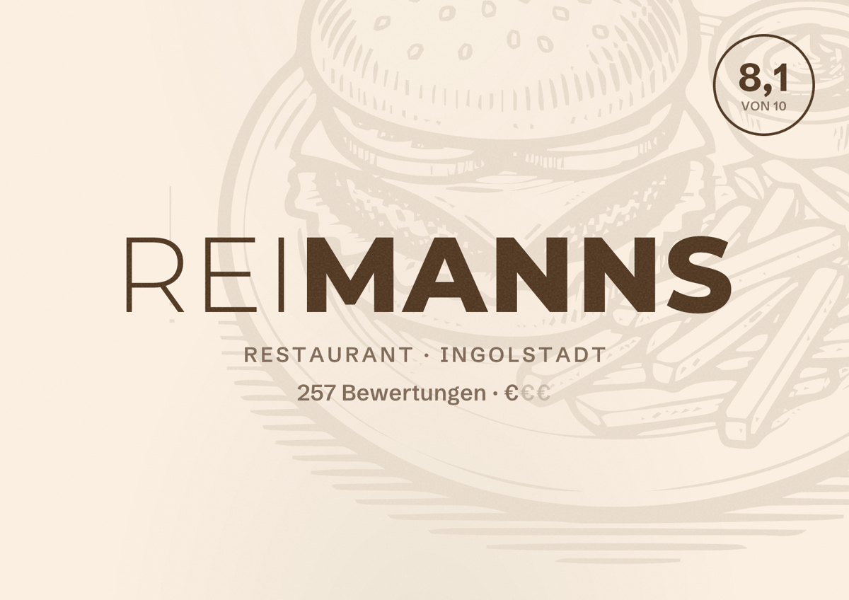 Illustriertes Poster von Reimanns, Restaurant in Ingolstadt: Bewertung 8,1 von 10 aus 257 Bewertungen, Preisniveau €
