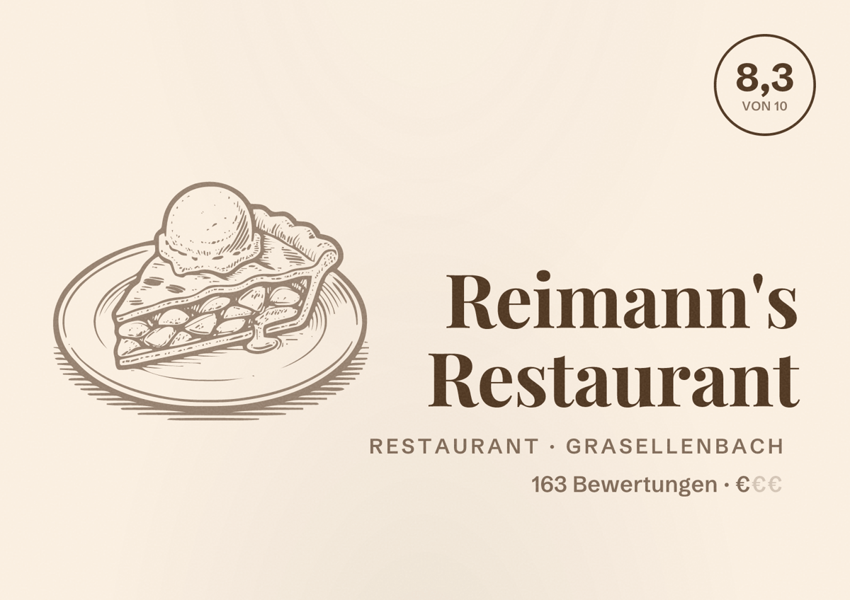Illustriertes Poster von Reimann's Restaurant, Restaurant in Grasellenbach: Bewertung 8,3 von 10 aus 163 Bewertungen, Preisniveau €