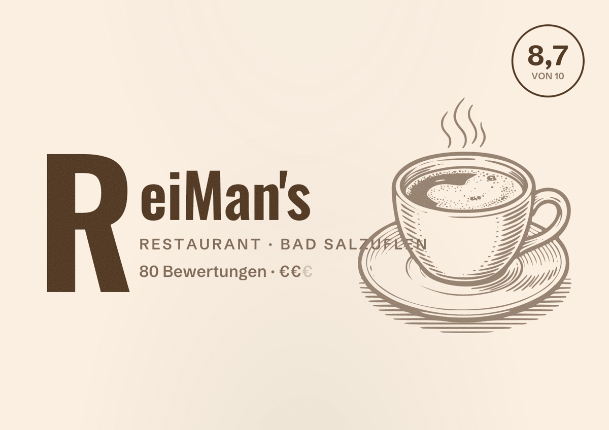 Illustriertes Poster von ReiMan's, Restaurant in Bad Salzuflen: Bewertung 8,7 von 10 aus 80 Bewertungen, Preisniveau €€