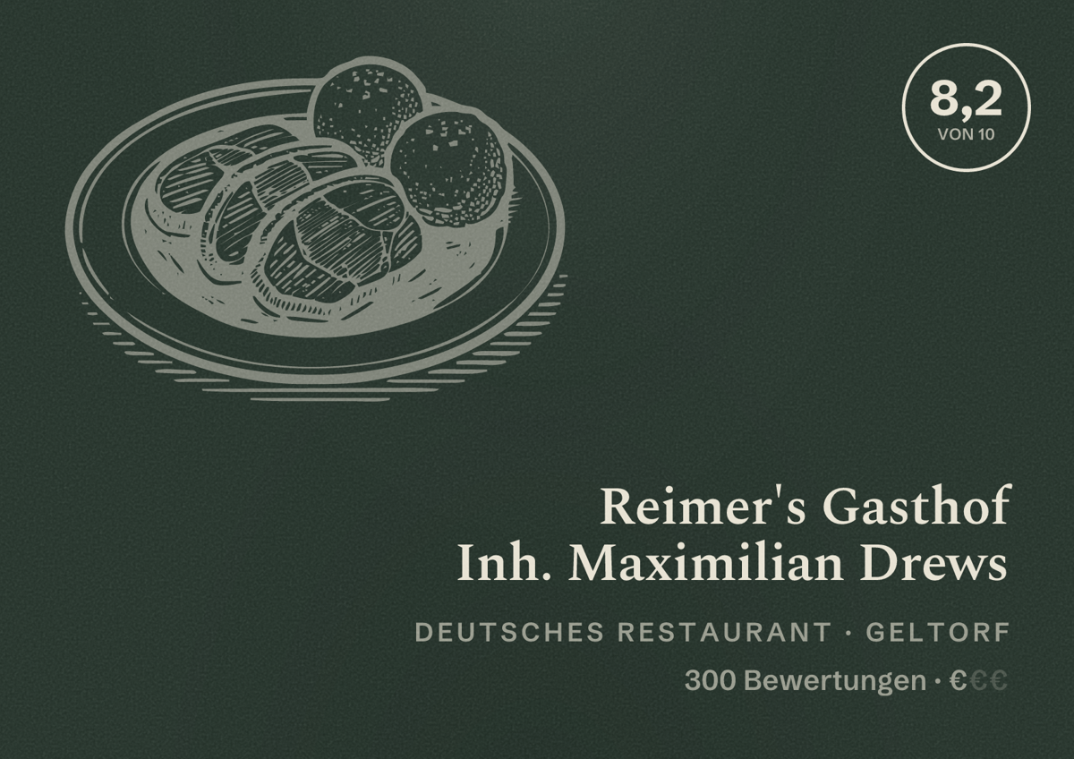 Illustriertes Poster von Reimer's Gasthof Inh. Maximilian Drews, Deutsches Restaurant in Geltorf: Bewertung 8,2 von 10 aus 300 Bewertungen, Preisniveau €