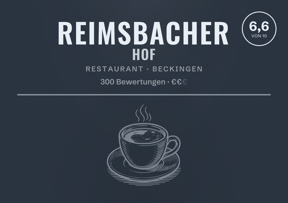 Illustriertes Poster von Reimsbacher Hof, Restaurant in Beckingen: Bewertung 6,6 von 10 aus 300 Bewertungen, Preisniveau €€