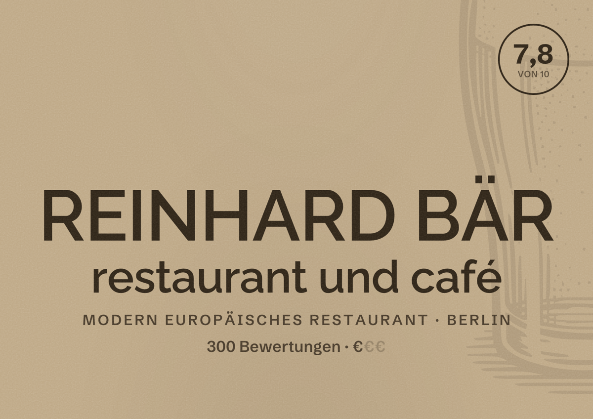 Illustriertes Poster von REINHARD BÄR restaurant und café, Modern europäisches Restaurant in Berlin: Bewertung 7,8 von 10 aus 300 Bewertungen, Preisniveau €