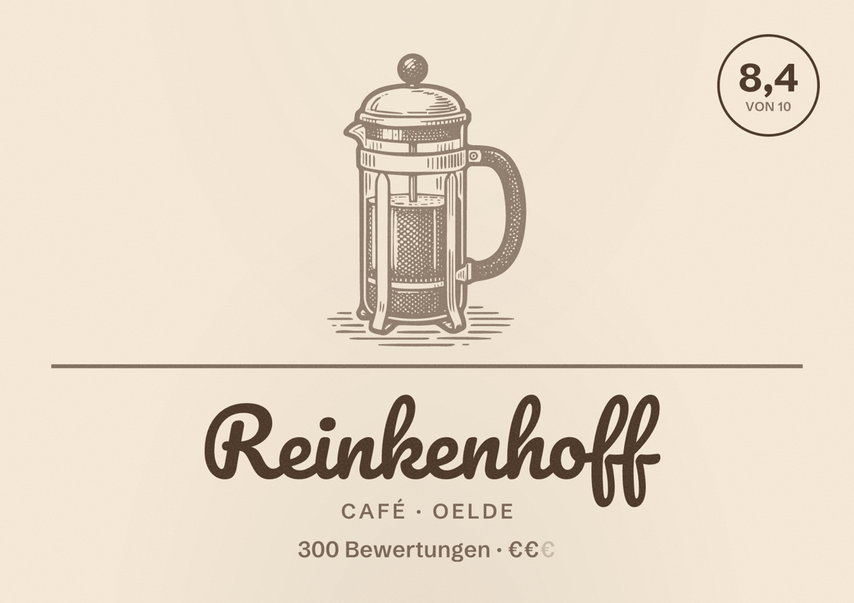 Illustriertes Poster von Reinkenhoff, Café in Oelde: Bewertung 8,4 von 10 aus 300 Bewertungen, Preisniveau €€